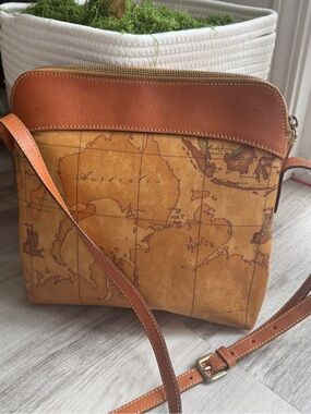 Alviero Martini Prima Classe Map Print Crossbody Bag Italy Leather Trim